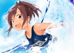  1girl :d blush breasts brown_eyes brown_hair clouds day fujiyama hair_ornament horizon i-401_(kantai_collection) kantai_collection looking_at_viewer name_tag one-piece_swimsuit open_mouth partially_submerged ponytail school_swimsuit short_hair sky small_breasts smile solo swimming swimsuit teeth upper_body water water_drop 