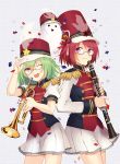  2girls ;d band_uniform braid chocolate_cosmos_(flower_knight_girl) clarinet confetti epaulettes flower_knight_girl food_themed_hair_ornament ghost glasses green_hair hair_ornament hat instrument knenj looking_at_viewer multiple_girls one_eye_closed open_mouth pepo_(flower_knight_girl) pumpkin_hair_ornament redhead short_hair simple_background skirt smile trumpet violet_eyes white_skirt 