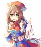  1girl android bangs belt beret blush breasts brown_hair capcom clenched_hand dress eyebrows_visible_through_hair gloves green_eyes hair_between_eyes hat iris_(rockman_x) long_hair looking_at_viewer looking_to_the_side medium_breasts open_mouth outstretched_arm reaching_out red_hat rento_(rukeai) rockman rockman_x rockman_x4 smile solo teeth white_gloves 