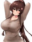  1girl arms_up bangs blush breasts brown_eyes brown_hair cherry_blossoms collarbone eyebrows_visible_through_hair flower hair_between_eyes hair_flower hair_ornament kantai_collection large_breasts long_hair long_sleeves miyako_(miyako_lplover) ponytail ribbed_sweater simple_background solo sweater very_long_hair white_background yamato_(kantai_collection) 