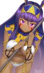  1girl blush bracelet breasts commentary_request dark_skin egyptian egyptian_clothes facepaint facial_mark fate/grand_order fate_(series) frown hairband highres jackal_ears jewelry long_hair looking_at_viewer marshall_(wahooo) navel nitocris_(fate/grand_order) purple_hair solo staff under_boob very_long_hair violet_eyes 