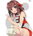  1girl brown_eyes brown_hair elbow_pads feet_out_of_frame girls_und_panzer highres knee_pads kondou_taeko looking_at_viewer open_mouth red_shirt red_shorts shirt short_hair short_shorts shorts sleeveless sleeveless_shirt smile solo sportswear squatting tokodanbou v volleyball_uniform 