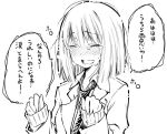  1girl bangs blush crying eyebrows_visible_through_hair greyscale monochrome necktie nose_blush open_mouth original shunsuke simple_background sleeves_past_wrists solo speech_bubble tears translation_request upper_body white_background 