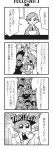  2girls 4koma :3 :o bangs bkub blank_eyes city clouds comic crowd damaged english eyebrows_visible_through_hair fangs formal greyscale highres holding holding_paper honey_come_chatka!! jacket monochrome multiple_girls necktie news open_mouth paper pointing pose reading saliva shirt short_hair simple_background speech_bubble suit swept_bangs talking tayo thriller translation_request two-tone_background two_side_up zombie 