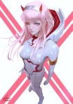  1girl aqua_eyes bodysuit closed_mouth darling_in_the_franxx foreshortening from_above hairband highres horns lips looking_at_viewer pilot_suit pink_hair raikoart shiny shiny_clothes signature solo straight_hair white_bodysuit white_hairband zero_two_(darling_in_the_franxx) 
