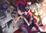  1girl animal_print bird_print book commentary_request drawing fate/grand_order fate_(series) hair_ornament highres japanese_clothes katsushika_hokusai_(fate/grand_order) mouth_hold octopus paintbrush purple_hair short_hair tsuuhan violet_eyes 