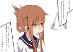  1girl brown_eyes brown_hair commentary empty_eyes folded_ponytail highres hypnosis inazuma_(kantai_collection) kantai_collection mind_control open_mouth portrait sakakiba_misogi simple_background solo translation_request white_background 