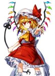  1girl ascot blonde_hair commentary_request flandre_scarlet gem hair_between_eyes hat hat_ribbon highres holding laevatein long_hair looking_at_viewer manarou mob_cap outstretched_arm red_eyes red_ribbon red_shirt red_skirt ribbon shirt short_sleeves skirt skirt_set solo touhou white_background white_hat wings 