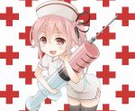  1girl :d alternate_costume bent_over black_legwear bow carrying commentary_request hair_bow hair_ribbon harusame_(kantai_collection) hat kantai_collection long_hair looking_at_viewer nurse nurse_cap open_mouth pink_eyes pink_hair ribbon side_ponytail smile soba_(sobaya1938) solo syringe thigh-highs zettai_ryouiki 