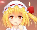  1girl bangs blonde_hair blush bow brown_background collared_shirt commentary_request eyebrows_visible_through_hair eyelashes finger_to_mouth fingernails flandre_scarlet frilled_shirt_collar frills hair_between_eyes hat hat_bow highres kuronekoron looking_at_viewer mob_cap open_mouth puffy_short_sleeves puffy_sleeves red_bow red_eyes shirt short_hair short_sleeves side_ponytail solo touhou upper_body white_hat white_shirt wrist_cuffs 