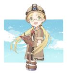  1girl :d bad_proportions belt blonde_hair blue_sky book boots brown_gloves clouds coat cowboy_shot cropped_legs from_side gloves green_eyes headlight helmet holding long_hair looking_at_viewer low_twintails made_in_abyss open_mouth pen riko_(made_in_abyss) short_shorts short_sleeves shorts sky smile solo standing twintails whistle whistle_around_neck writing yue_(kingdom1259) 