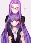  2girls blush eyebrows_visible_through_hair fate/stay_night fate_(series) glasses hair_between_eyes heart height_difference highres hug hug_from_behind long_hair looking_at_another matou_sakura medusa_(fate)_(all) multiple_girls purple_hair rider smile square_pupils very_long_hair violet_eyes ycco_(estrella) 