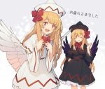  2girls black_hat black_wings bow commentary_request eho_(icbm) feathered_wings floral_background hand_on_hip hat highres lily_black lily_white looking_at_viewer multiple_girls one_eye_closed open_mouth red_bow smile touhou translation_request white_hat white_wings wide_sleeves wings 