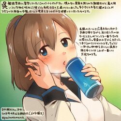  1girl anchor_symbol blue_eyes brown_hair colored_pencil_(medium) commentary_request dated hair_between_eyes holding intrepid_(kantai_collection) kantai_collection kirisawa_juuzou long_sleeves numbered open_mouth ponytail shirt short_hair solo traditional_media translation_request twitter_username white_shirt 