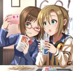  2girls :o bendy_straw blue_eyes brand_name_imitation brown_hair cellphone cup drinking_straw eyebrows_visible_through_hair food french_fries glasses green_eyes haruki_(haruki678) headphones headphones_around_neck highres holding holding_cup idolmaster idolmaster_cinderella_girls maekawa_miku multiple_girls one_eye_closed phone school_uniform self_shot serafuku short_hair sitting smartphone table tada_riina tray upper_body 