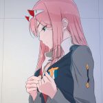  1girl akagi_(fmttps) bangs blunt_bangs blush breasts cleavage closed_mouth darling_in_the_franxx from_side half-closed_eyes horns military military_uniform pink_hair undressing uniform upper_body zero_two_(darling_in_the_franxx) 