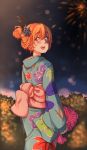  1girl :d absurdres blue_eyes blue_kimono blurry blurry_background blush commentary depth_of_field english_commentary floral_print hair_between_eyes hair_bun hair_ornament hairpin highres ignacio_penailillo japanese_clothes kimono long_sleeves looking_at_viewer looking_back night night_sky obi open_mouth orange_hair original outdoors sash sky smile solo standing yukata 