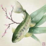  branch cherry_blossoms dew_drop fish murasakijazi no_humans water_drop watermark white_background 