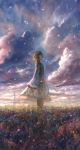  1girl blue_dress brown_hair closed_mouth clouds cloudy_sky commentary_request dress fantasy from_side highres light_particles long_dress long_sleeves meadow original outdoors overcast sakimori_(hououbds) scenery short_hair sky sleeves_past_fingers solo standing transmission_tower 