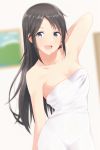  1girl absurdres arm_up black_hair blue_eyes blurry collarbone commentary_request depth_of_field eyebrows_visible_through_hair hair_down highres idolmaster idolmaster_shiny_colors long_hair looking_at_viewer mitsumine_yuika naked_towel no_eyewear open_mouth smile solo taka-chan towel 