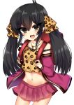  1girl :d absurdres animal_print backpack bag bangs bare_shoulders black_hair blush brown_camisole brown_eyes camisole collarbone commentary_request cowboy_shot eyebrows_visible_through_hair hair_between_eyes hair_ribbon head_tilt heart heart_necklace highres idolmaster idolmaster_cinderella_girls jacket leopard_print long_hair long_sleeves looking_at_viewer matoba_risa midriff navel open_clothes open_jacket open_mouth pink_jacket pink_skirt pleated_skirt print_camisole print_ribbon ribbon ricroot skirt smile solo twintails v-shaped_eyebrows very_long_hair 