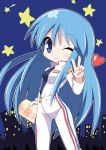  1girl ;) bangs blue_eyes blue_hair blue_shirt blush bodysuit breasts commentary_request copyright_request eyebrows_visible_through_hair hair_between_eyes hand_up heart holding long_hair looking_at_viewer medium_breasts night night_sky one_eye_closed osaragi_mitama partially_unzipped shirt sky smile solo star v very_long_hair white_bodysuit zipper_pull_tab 