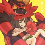  1girl :q beanie black_hair bow furry gen_7_pokemon green_shorts hat incineroar mizuki_(pokemon_sm) orange_bow pokemon pokemon_(creature) pokemon_(game) pokemon_sm red_hat shirt short_hair short_sleeves shorts siroromo sitting tied_shirt tongue tongue_out 