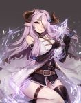  1girl artist_name bare_shoulders belt black_gloves black_legwear blue_eyes bug butterfly commentary elbow_gloves english_commentary eyebrows_visible_through_hair eyes fingerless_gloves gloves granblue_fantasy hair_ornament hair_over_one_eye hairclip horns insect long_hair looking_at_viewer narmaya_(granblue_fantasy) pointy_ears purple_hair single_thighhigh smile solo teru_(renkyu) thigh-highs thigh_strap twitter_username 