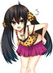  1girl :d animal_print bangs bare_shoulders black_hair blush breasts brown_camisole brown_eyes camisole collarbone downblouse eyebrows_visible_through_hair groin hair_between_eyes hair_ribbon heart heart_necklace highres idolmaster idolmaster_cinderella_girls leaning_forward leopard_print long_hair matoba_risa open_mouth pink_skirt pleated_skirt print_camisole print_ribbon pulled_by_self ribbon ricroot simple_background skirt skirt_pull small_breasts smile solo twintails very_long_hair white_background 