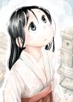  1girl :o black_eyes black_hair commentary_request from_side hakama hare_(tetterutei) highres japanese_clothes looking_up original outdoors parted_lips rain red_hakama solo stone_lantern wet wet_clothes 