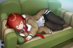  1girl amami_amayu belt black_legwear black_shorts brown_jacket closed_eyes closed_mouth couch jacket legs_together legwear_under_shorts long_hair long_sleeves lying makise_kurisu necktie off_shoulder on_couch on_side open_clothes open_jacket pantyhose pantyhose_under_shorts pillow red_neckwear redhead shiny shiny_hair shirt short_shorts shorts sleeping smile solo steins;gate white_shirt 