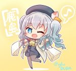  1girl :d alternate_costume asimo953 bag bangs beret black_footwear black_skirt blue_eyes blush character_name chibi eyebrows_visible_through_hair full_body hair_between_eyes happy hat highres holding holding_bag jacket kantai_collection kashima_(kantai_collection) kerchief long_sleeves mary_janes musical_note neckerchief one_eye_closed open_mouth outline pantyhose red_neckwear shirt shoes shopping_bag sidelocks silver_hair skirt smile solo spoken_musical_note standing standing_on_one_leg tsurime twitter_username wavy_hair white_outline yellow_background yellow_jacket yellow_shirt 