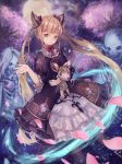 1girl bangs black_dress blonde_hair bow double_bun dress frills green_eyes hair_ornament highres holding holding_stuffed_toy lolita_fashion long_hair looking_at_viewer luna_(shadowverse) moon night outdoors puffy_sleeves ribbon shadowverse shin_murasame skeleton smile solo stuffed_toy twintails very_long_hair yellow_eyes 