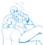  1boy armchair arsene_lupin_iii chair cigarette drawfag fire flame formal grin highres legs_crossed lineart looking_at_viewer lupin_iii male_focus money necktie sideburns sitting smile smoke solo suit 