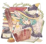  1girl :o ahoge aqua_hair black_cloak blush book book_stack bookmark bow brown_eyes commentary_request frilled_pillow frills green_bow hair_ornament hat hat_bow holding holding_book inkwell minigirl mokarooru open_book original pillow pointy_ears quill reading short_hair solo star tassel traditional_media watercolor_(medium) witch witch_hat x_hair_ornament 