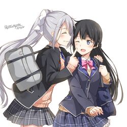  2girls ;d bag bangs black_blazer black_hair blazer blue_eyes blue_skirt blush bow brown_cardigan cardigan closed_eyes collared_shirt cowboy_shot dated eyebrows_visible_through_hair frilled_skirt frills grey_skirt grin hair_between_eyes hair_bow hair_ornament hairclip high_ponytail higuchi_kaede jacket long_hair mole mole_under_eye multiple_girls nijisanji one_eye_closed open_blazer open_clothes open_jacket open_mouth parted_lips plaid plaid_skirt pleated_skirt ponytail school_bag school_uniform shirt silver_hair simple_background skirt smile sweater tsukino_mito twitter_username very_long_hair virtual_youtuber white_background white_bow white_shirt yuuri_nayuta 