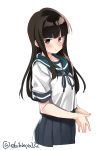  1girl bangs black_eyes black_hair blue_sailor_collar blue_skirt blunt_bangs collared_shirt cowboy_shot ebifurya hands_together hatsuyuki_(kantai_collection) highres kantai_collection long_hair looking_at_viewer neckerchief pleated_skirt sailor_collar school_uniform serafuku shirt simple_background skirt solo twitter_username white_background 