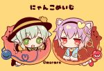  2girls :d animal_ears bangs black_footwear black_hairband black_hat blue_shirt blush bobby_socks bow cat_ears chibi closed_mouth commentary_request doughnut eyebrows_visible_through_hair food green_eyes green_hair hair_between_eyes hairband hat hat_bow hat_ribbon heart jitome kemonomimi_mode komeiji_koishi komeiji_satori long_sleeves looking_at_viewer marshmallow_mille multiple_girls open_mouth orange_bow orange_ribbon outstretched_arms pointy_ears purple_hair red_eyes red_footwear ribbon shirt shoes siblings simple_background sisters smile socks spread_arms third_eye touhou translation_request twitter_username upper_teeth white_legwear wide_sleeves yellow_background yellow_shirt 