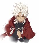  1boy amakusa_shirou_(fate) bangs cross cross_necklace earrings eyebrows_visible_through_hair fate/grand_order fate_(series) habit hand_up holding jewelry kangetsu_(fhalei) latin_cross long_sleeves looking_at_viewer male_focus necklace parted_bangs parted_lips pointy_hair robe simple_background smile solo tassel white_background white_hair yellow_eyes 
