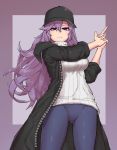  &gt;:( 1girl bangs banned_artist baseball_cap black_hat black_jacket blue_pants breasts closed_mouth commission dungbae finger_gun hair_between_eyes hat highres jacket long_hair long_sleeves looking_at_viewer medium_breasts open_clothes open_jacket original pants purple_background purple_hair smile solo sweater tight tight_pants tsurime turtleneck turtleneck_sweater two-tone_background v-shaped_eyebrows violet_eyes 