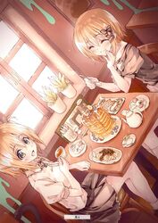  2girls alice_or_alice artist_name black_bow black_ribbon blonde_hair blush bow brown_shirt brown_skirt cat_tail closed_eyes dress_shirt dutch_angle eating eyebrows_visible_through_hair food frilled_skirt frills grey_bow grey_neckwear hair_between_eyes hair_bow hair_ribbon highres holding holding_spoon indoors koko_(alice_or_alice) mako_(alice_or_alice) miniskirt motoyon multiple_girls one_side_up pancake ribbon shirt short_hair short_sleeves sitting skirt smile table tail white_bow white_neckwear white_shirt window 