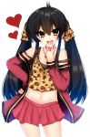  1girl :d animal_print bangs bare_shoulders black_hair blush brown_camisole brown_eyes camisole cowboy_shot eyebrows_visible_through_hair hair_between_eyes hand_on_hip head_tilt heart heart_necklace highres idolmaster idolmaster_cinderella_girls jacket jewelry leopard_print long_hair long_sleeves matoba_risa midriff miniskirt navel open_mouth pink_jacket pink_skirt pleated_skirt print_camisole print_ribbon ribbon ricroot simple_background skirt smile solo twintails v very_long_hair white_background 