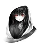  1girl black_hair chinese_commentary closed_mouth commentary_request eyebrows_visible_through_hair hood hood_up kangetsu_(fhalei) looking_at_viewer onmyoji red_eyes signature simple_background solo spot_color upper_body white_background xixue_ji 