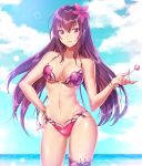  1girl beach bikini blue_sky bracelet breasts candy cleavage clouds cloudy_sky commentary_request day fate/grand_order fate_(series) flower food hair_flower hair_ornament hibiscus jewelry kunai large_breasts leg_garter lollipop looking_at_viewer navel ocean pink_bikini purple_bikini purple_hair red_eyes scathach_(fate/grand_order) scathach_(swimsuit_assassin)_(fate) sky smile sparkle swimsuit thigh_strap tsuru_ringo weapon 