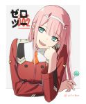  1girl aqua_eyes candy character_name darling_in_the_franxx food hairband horns long_hair long_sleeves open_mouth pink_hair smile solo teeth toma_(norishio) twitter_username uniform upper_body white_hairband zero_two_(darling_in_the_franxx) 