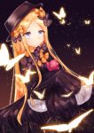  1girl abigail_williams_(fate/grand_order) bangs black_bow black_dress black_hat blonde_hair blue_eyes bow bug butterfly closed_mouth commentary_request dress dutch_angle eyebrows_visible_through_hair fate/grand_order fate_(series) forehead hair_bow hat highres insect long_hair long_sleeves looking_at_viewer object_hug orange_bow parted_bangs sleeves_past_fingers sleeves_past_wrists solo stuffed_animal stuffed_toy teddy_bear very_long_hair wingdy 