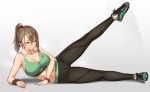  1girl bracelet breasts breath brown_hair exercise full_body green_eyes houtengeki jewelry leg_lift long_hair lying medium_breasts midriff on_side original pants pointy_ears ponytail shoes simple_background sneakers solo sports_bra sweat yoga_pants 