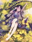  1girl arm_up bangs bare_legs barefoot black_hair blue_dress blue_eyes blurry blush closed_mouth crystal day depth_of_field dress eyebrows_visible_through_hair field flower flower_field hand_up hat highres kieta long_hair looking_at_viewer one_eye_closed outdoors pointy_ears shadowverse sitting smile solo stretch very_long_hair witch_hat 