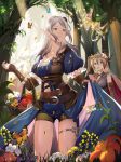  2girls :d ahoge apple arisa_(shadowverse) basket belt blue_eyes breasts brown_eyes brown_gloves bug butterfly character_request cleavage fairy fingerless_gloves flower food forest fruit gloves head_wreath highres insect medium_breasts multiple_girls nature navel open_mouth pointy_ers rosalia shadowverse shors silver_hair skirt_hold smile standing sunlight thigh_strap tree 