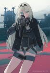  1girl absurdres aiming an-94 an-94_(girls_frontline) assault_rifle bangs black_gloves black_jacket blue_eyes character_name commentary_request cowboy_shot dear_faith girls_frontline gloves gun hair_between_eyes hairband highres holding holding_gun holding_weapon jacket long_hair long_sleeves mixed-language_commentary optical_sight outdoors rifle russian_text silver_hair solo weapon 